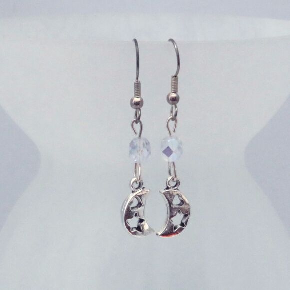 Handmade Silver Toned Crescent Moon Dangle Earrings, Moon Lover Gift for Women - Picture 1 of 6